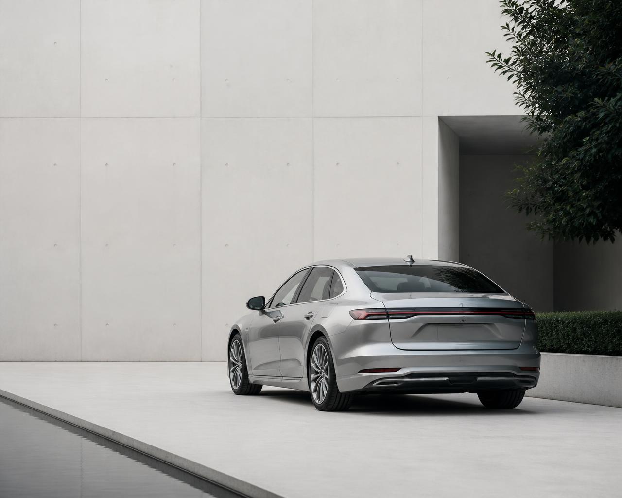 Modern sedan parked in front of a pale concrete facade in soft Swiss daylight